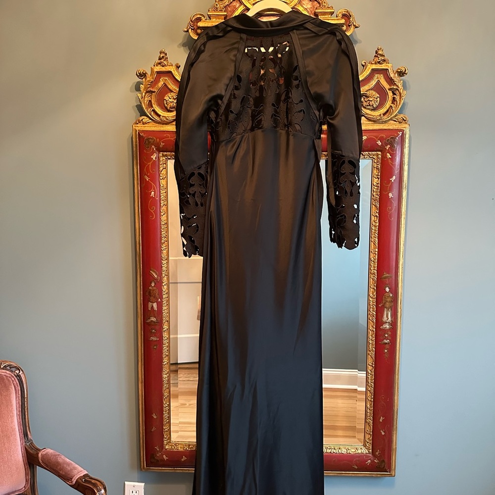 Rare NWT Self-Portrait long black satin and lace panel gown dress with sleeves